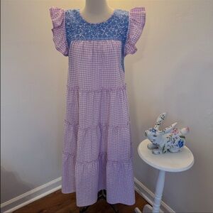 J. Marie Women’s Medium Kayla Tiered Blue Purple Checked Gingham Midi Dress